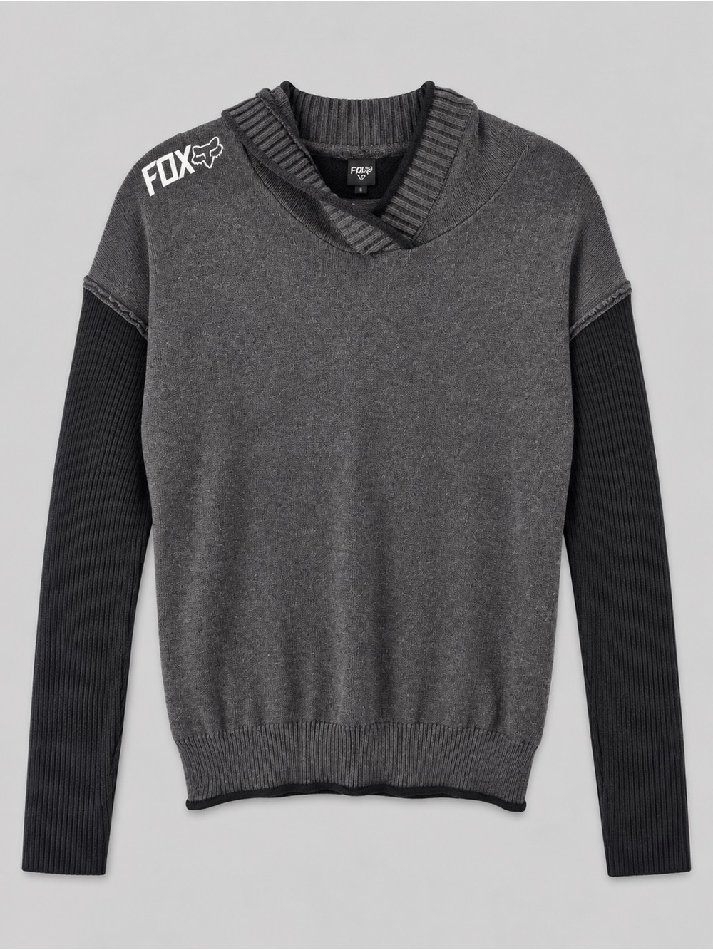 Y2K Fox Racing Grey Black Hooded Knit Sweater Moto Grunge